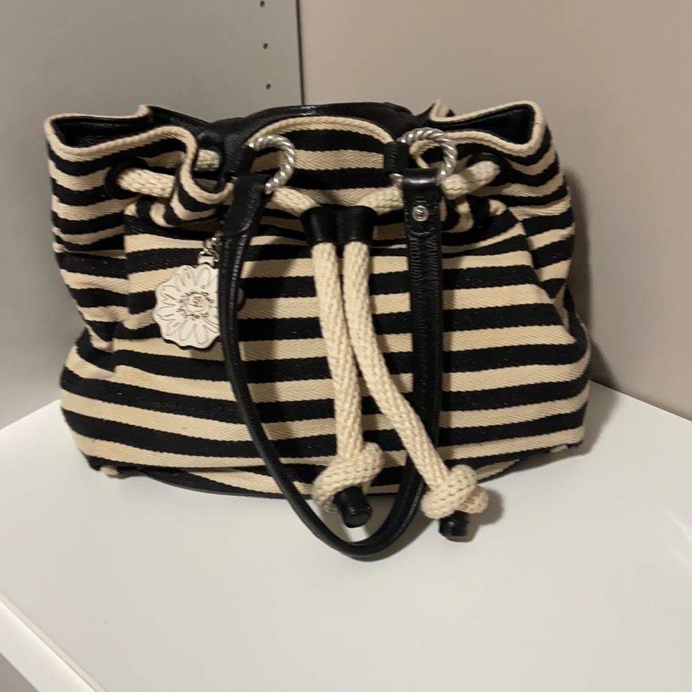 Brighton canvas and leather bag. Black and off-white striped